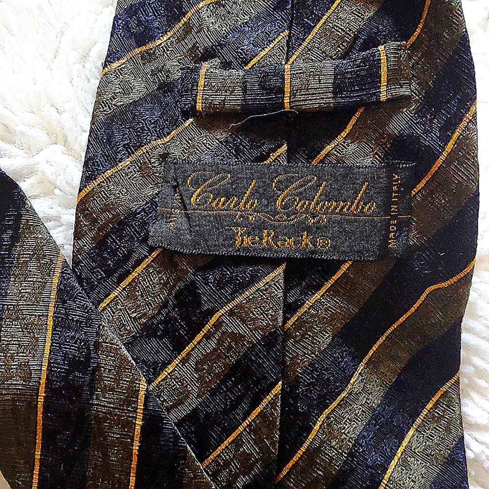 Carlo Colombo*Tie Rack~ Green , Black , Yellow Stripe Tie 100% $ilk ~ Italy